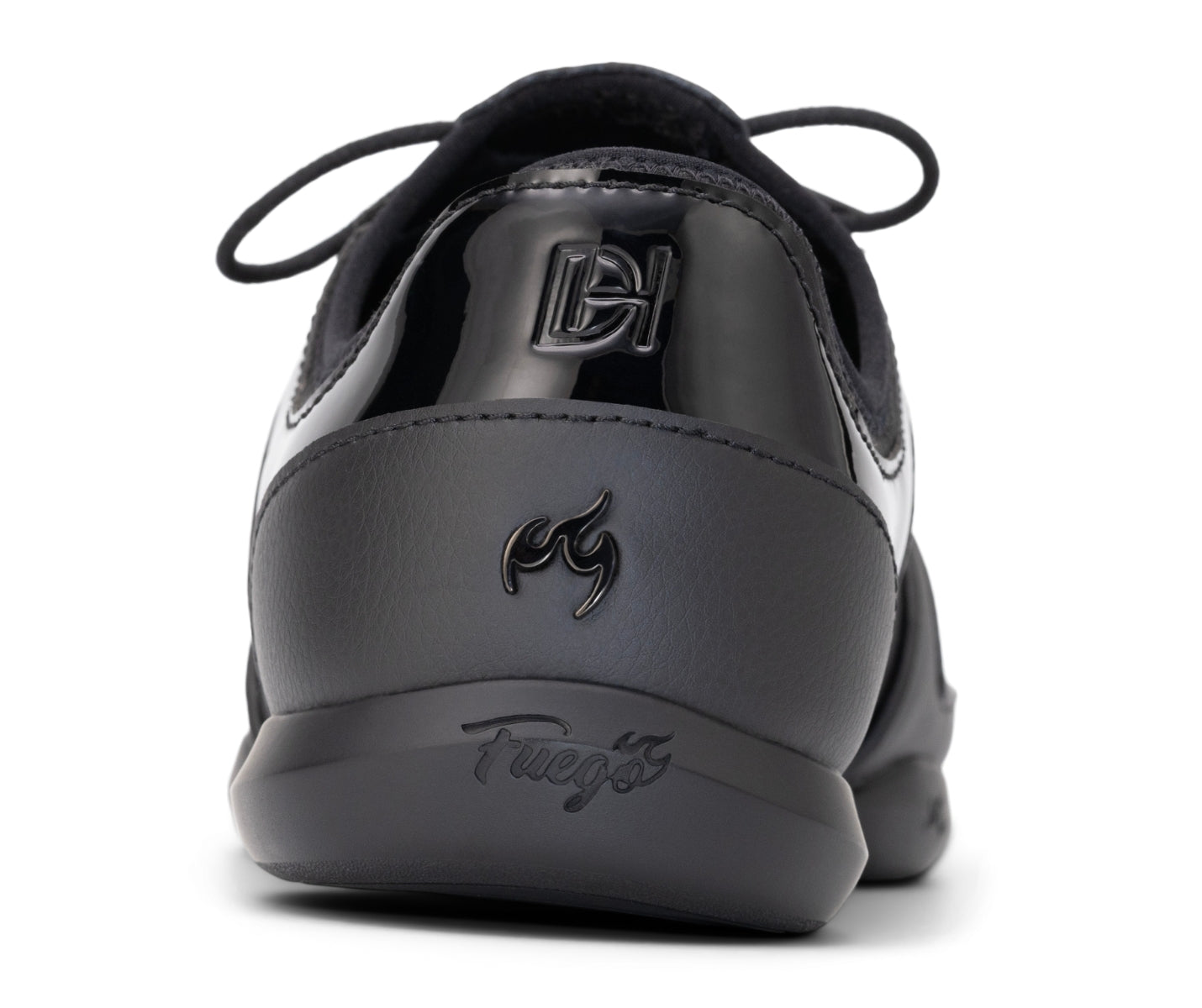 Die Fuego Dance Sneakers Split Sole x Derek Hough in Schwarz, von hinten gesehen mit glänzenden Fersenlogos.